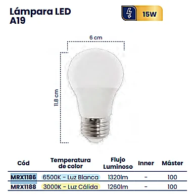 Lámpara LED A19 15W Base E27 – Luz Fría 6500K
