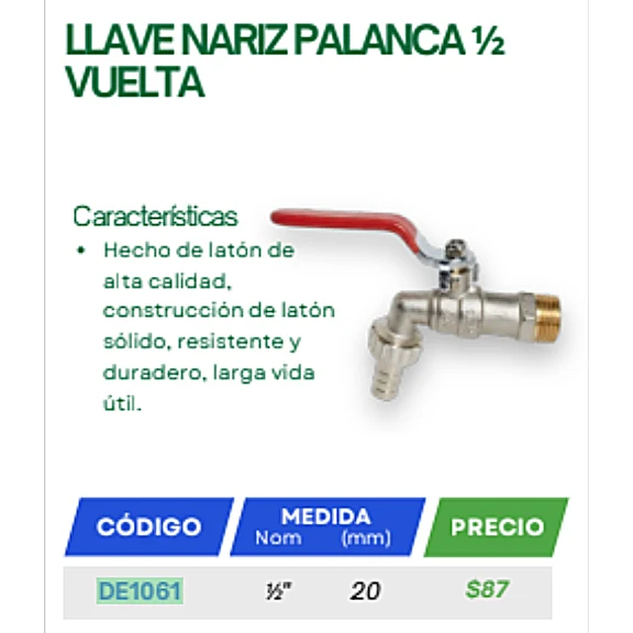 Llave de Nariz Para Jardín / Pared Palanca 1/2 Vuelta Metálica