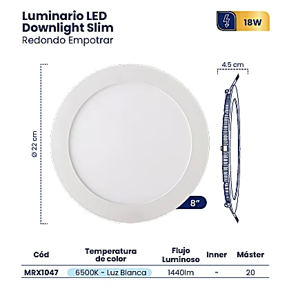 LUMINARIO LED DOWNLIGHT SLIM EMPOTRAR 8″ 18W 6500K BLANCO REDONDO
