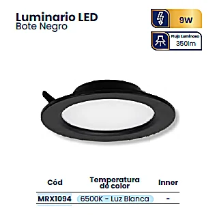 Luminario LED Empotrable para Bote 9W – Luz Fría 6500K, Cuerpo Negro
