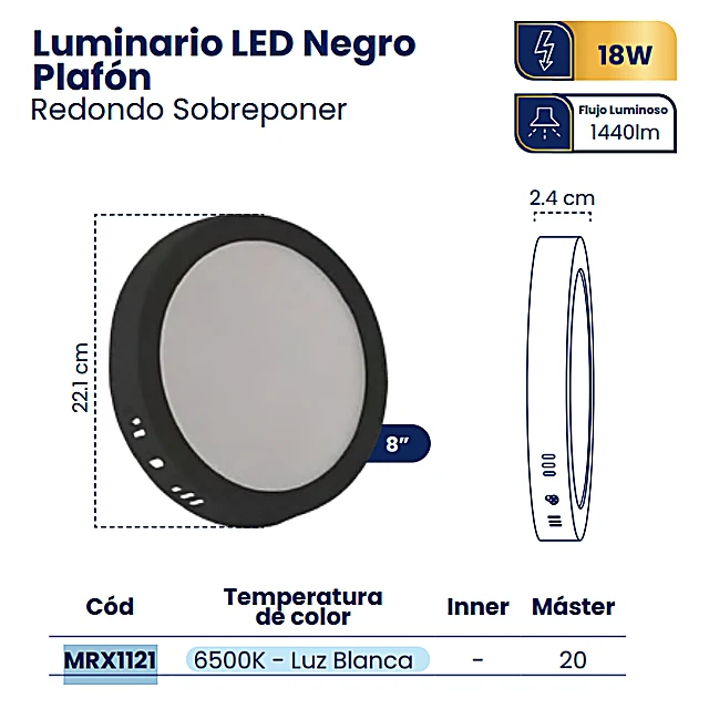 LUMINARIO LED PLAFON SOBREPONER 8″ 18W 6500K NEGRO REDONDO