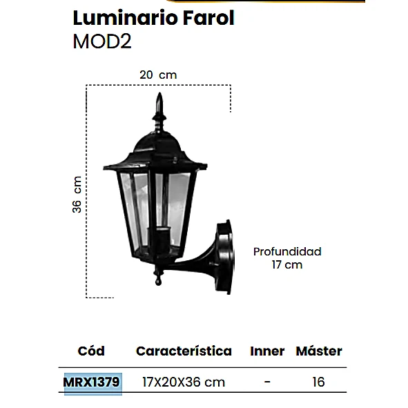 Luminario Ornamental Tipo Farol Exterior – Base E27, Aluminio Negro (16 x 20 x 37 cm)