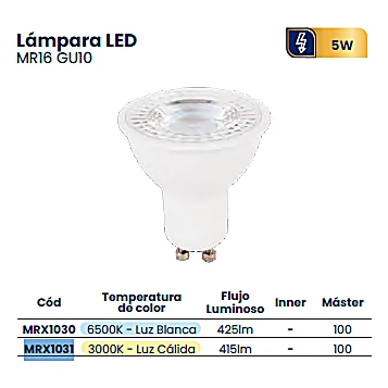 Lámpara Foco LED MR16 5W Base GU10 3000K Luz Cálida Direccional