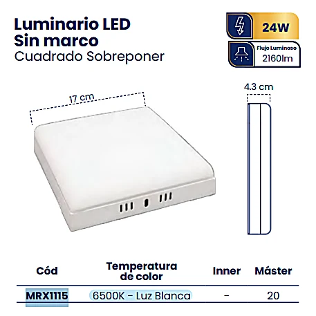 LUMINARIO LED SIN MARCO SOBREPONER 24W 6500K BLANCO CUADRADO