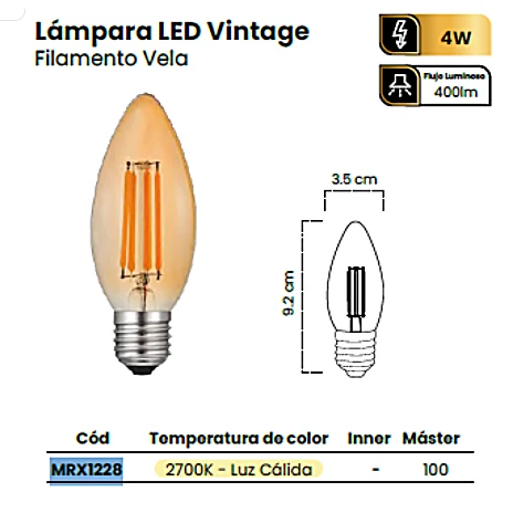 LAMPARA LED FILAMENTO VELA 4W E27 2700K