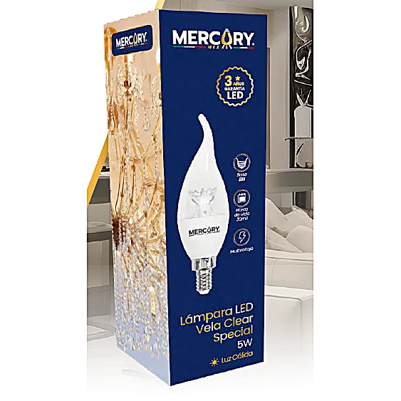 Lámpara Foco LED Tipo Vela 5W Base E12 6500K Luz Fría Transparente (Clear)