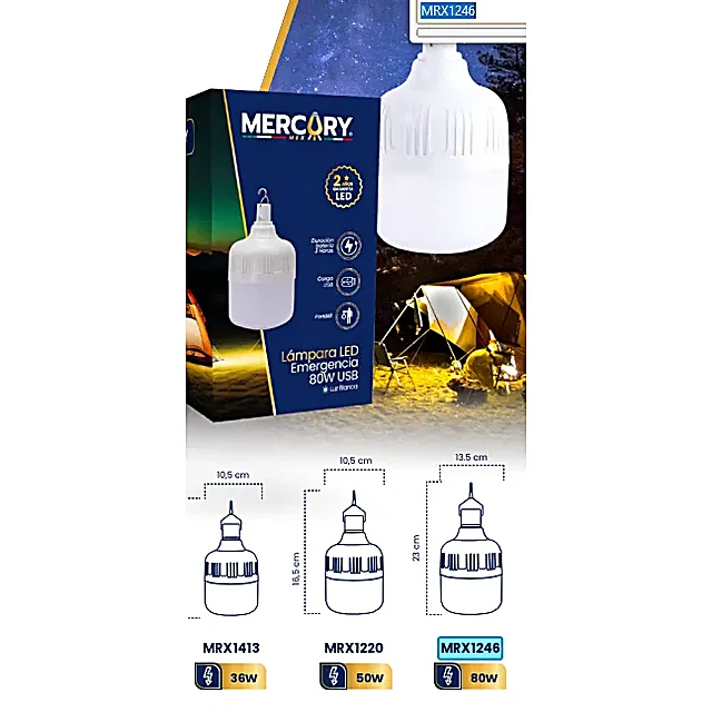Lámpara LED de Emergencia 80W Recargable USB Portátil con Gancho