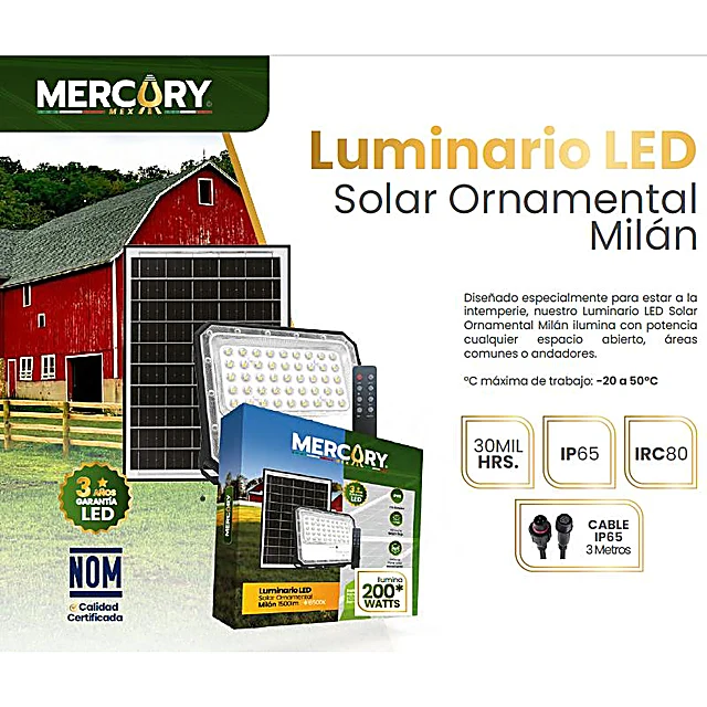 Reflector LED Solar Milán 3000 lm – Luz Fría 6500K con Panel Solar y Control Remoto