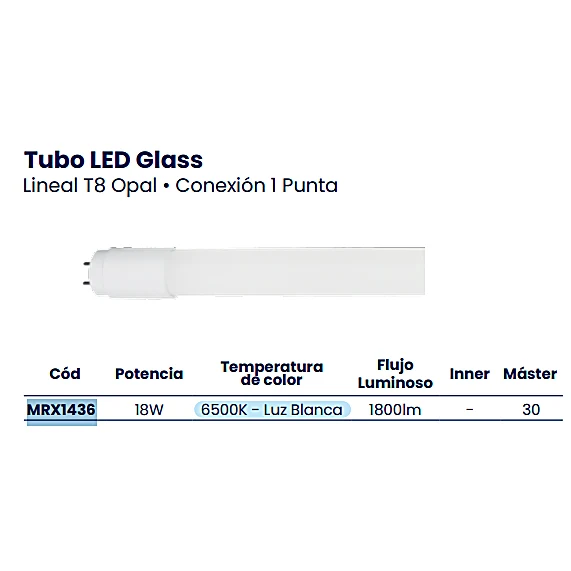 TUBO LED 18W OPAL 120CM 6500K CONEXION 1P