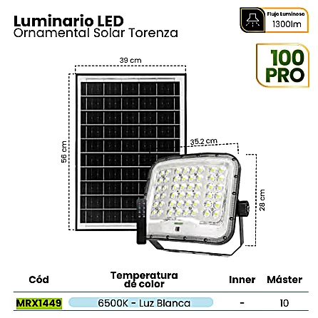 REFLECTOR LED SOLAR CURVE TORENZA 100PRO IP65 HIGH LUMEN CHIP 6500K C/CONTROL