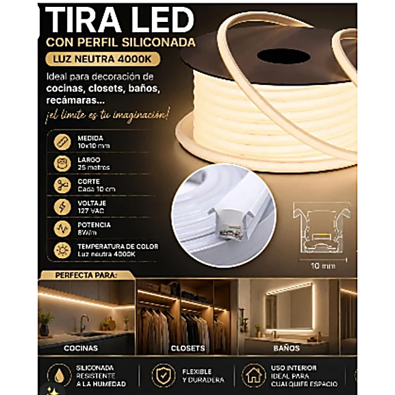 TIRA LED PERFILFLEX 3000K SILICONADO INCRUSTAR 10X10MM ROLLO*25M