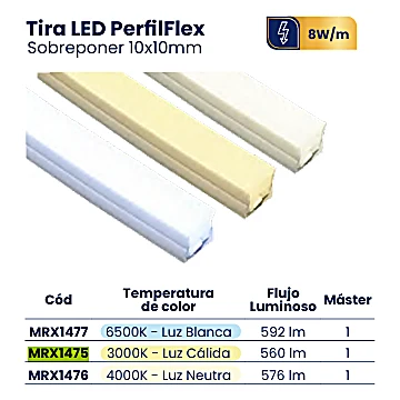 TIRA LED PERFILFLEX 3000K SILICONADO SOBREPONER 10X10MM ROLLO*25M