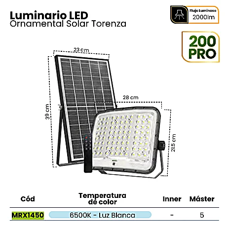 REFLECTOR LED SOLAR CURVE TORENZA 200PRO IP65 HIGH LUMEN CHIP 6500K C/CONTROL