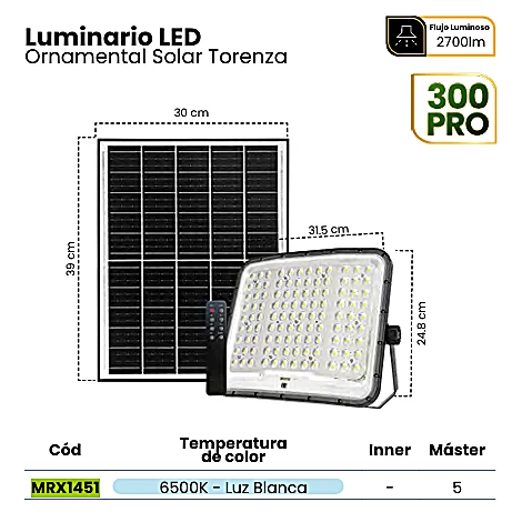 REFLECTOR LED SOLAR CURVE TORENZA 300PRO IP65 HIGH LUMEN CHIP 6500K C/CONTROL