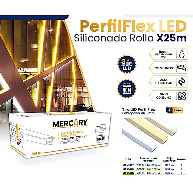 TIRA LED PERFILFLEX SILICONADO SOBREPONER 10X10MM 4000K ROLLO*25M