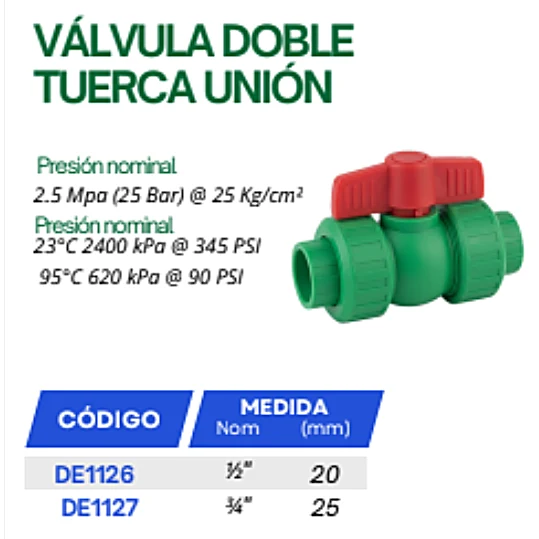 Válvula De Esfera Doble Unión 1/2 Pulgada PPR Termofusión